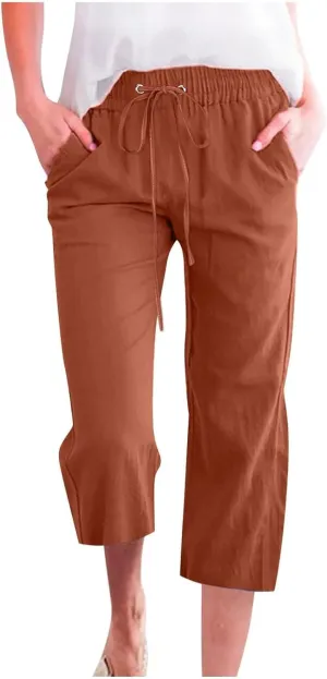 Summer Pants for Women - Linen Capri Pants for Women Cropped Casual Pants Baggy Beach Pants with Pockets Lounge Trousers