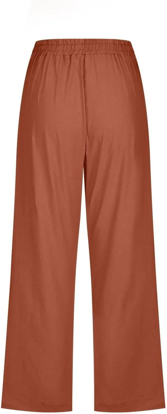 Summer Pants for Women - Linen Capri Pants for Women Cropped Casual Pants Baggy Beach Pants with Pockets Lounge Trousers