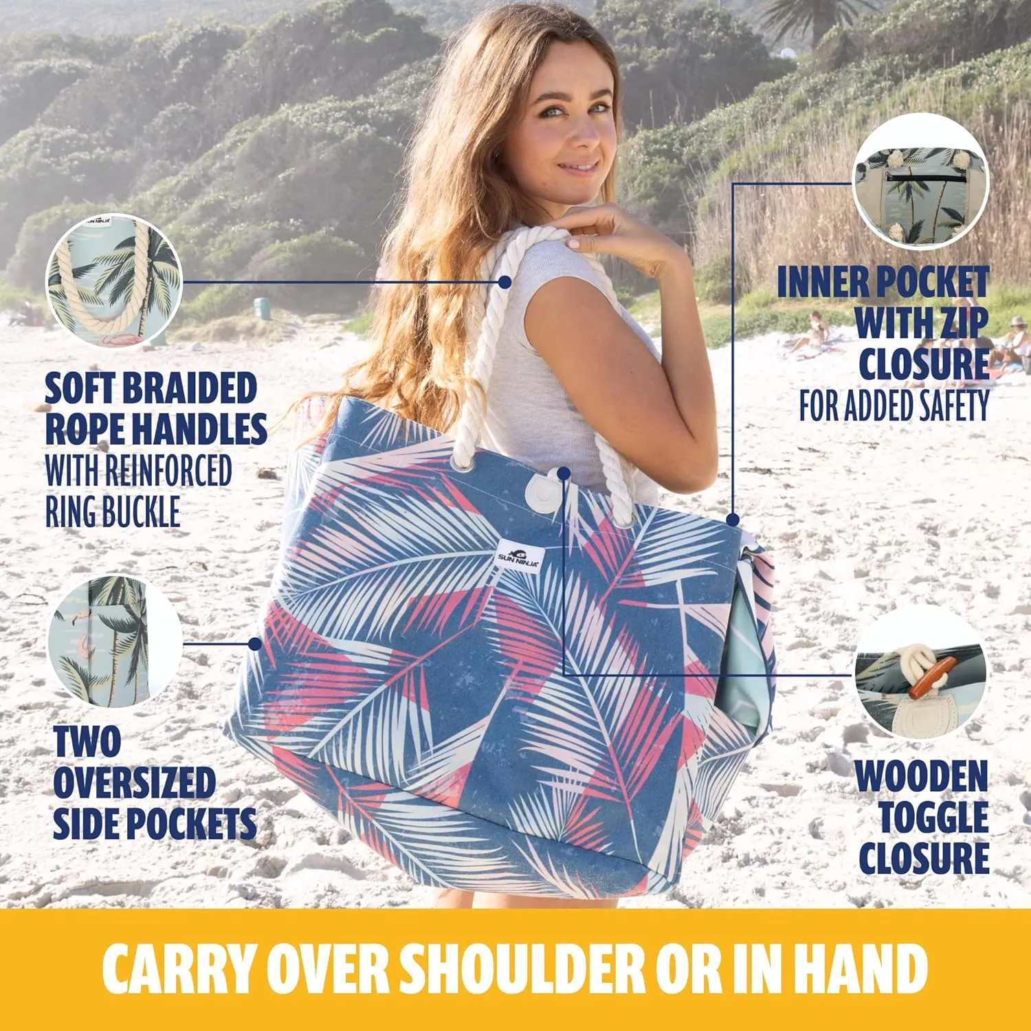 SUN NINJA XL Canvas Beach Tote Bag - Water-Resistant with Pockets - Large Pool Summer Tote, Cute Travel Beach Bag