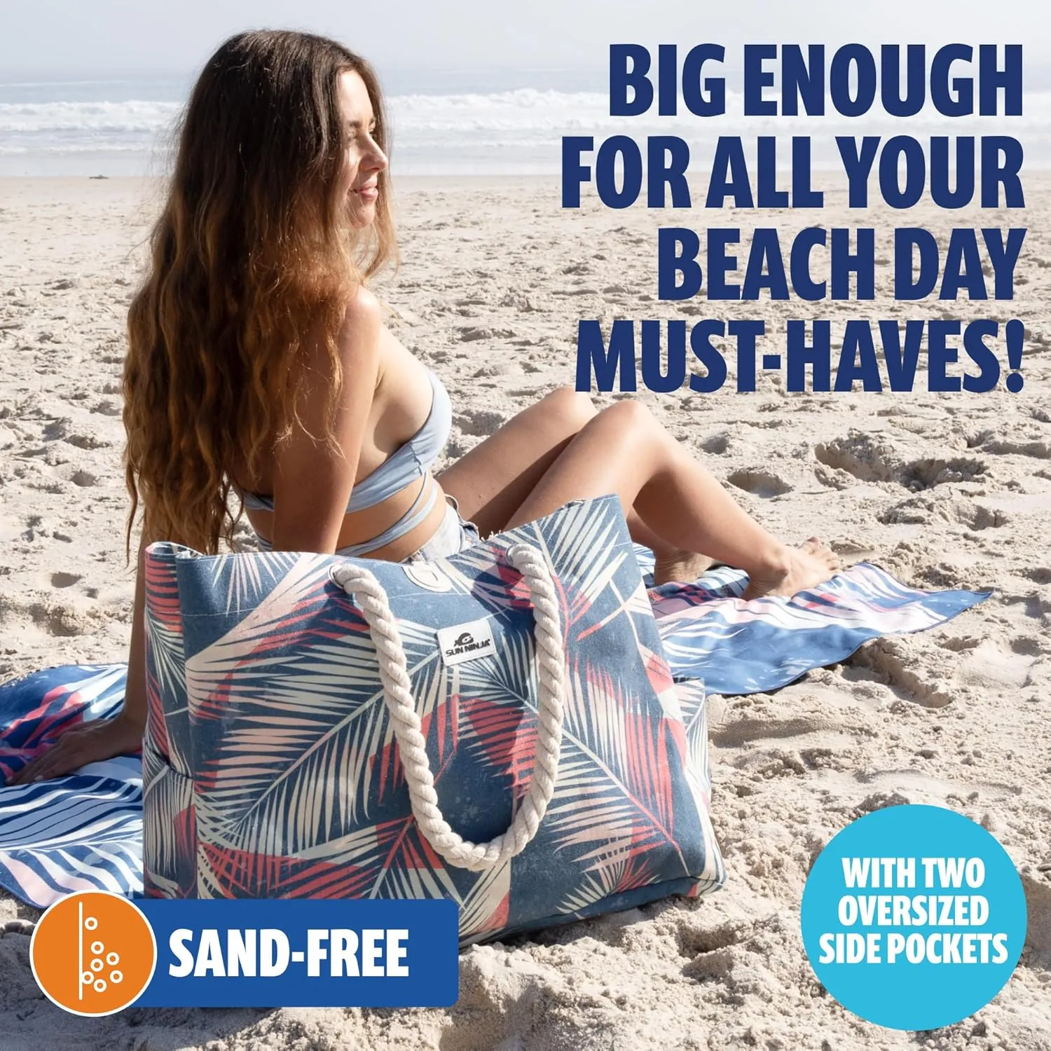 SUN NINJA XL Canvas Beach Tote Bag - Water-Resistant with Pockets - Large Pool Summer Tote, Cute Travel Beach Bag