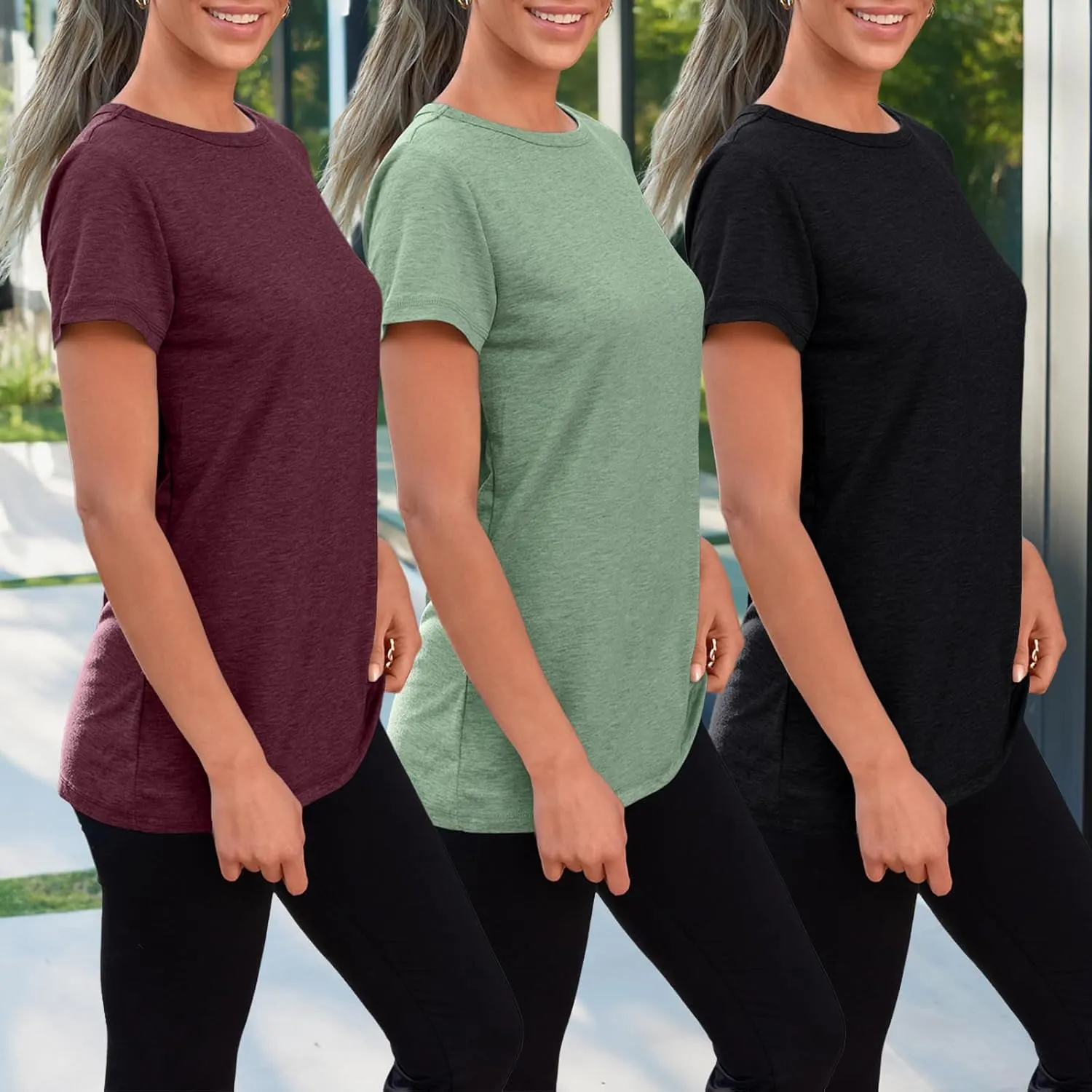 SUNBS Womens 3 Pack T-Shirts Short Sleeve Summer Tops Fashion Basic Tees Comfy Casual Vacation Outfits Workout Clothes 2025