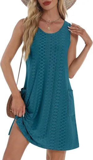 Sundresses for Women 2025 Summer Trendy Sleeveless Eyelet Beach Dress Bathing Suit Cover Up Tank Dress with Pockets