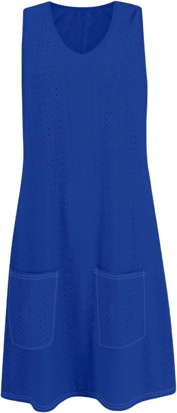 Sundresses for Women 2025 Summer Trendy Sleeveless Eyelet Beach Dress Bathing Suit Cover Up Tank Dress with Pockets