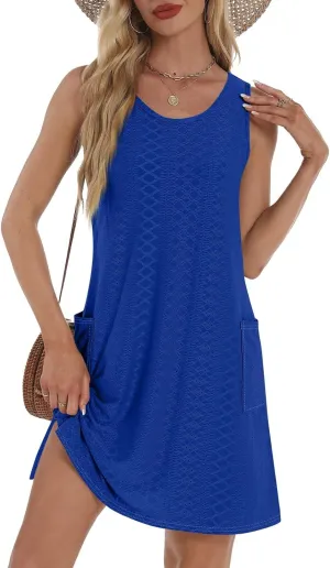 Sundresses for Women 2025 Summer Trendy Sleeveless Eyelet Beach Dress Bathing Suit Cover Up Tank Dress with Pockets