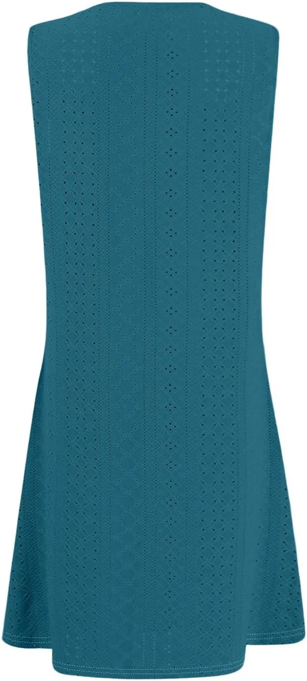 Sundresses for Women 2025 Summer Trendy Sleeveless Eyelet Beach Dress Bathing Suit Cover Up Tank Dress with Pockets