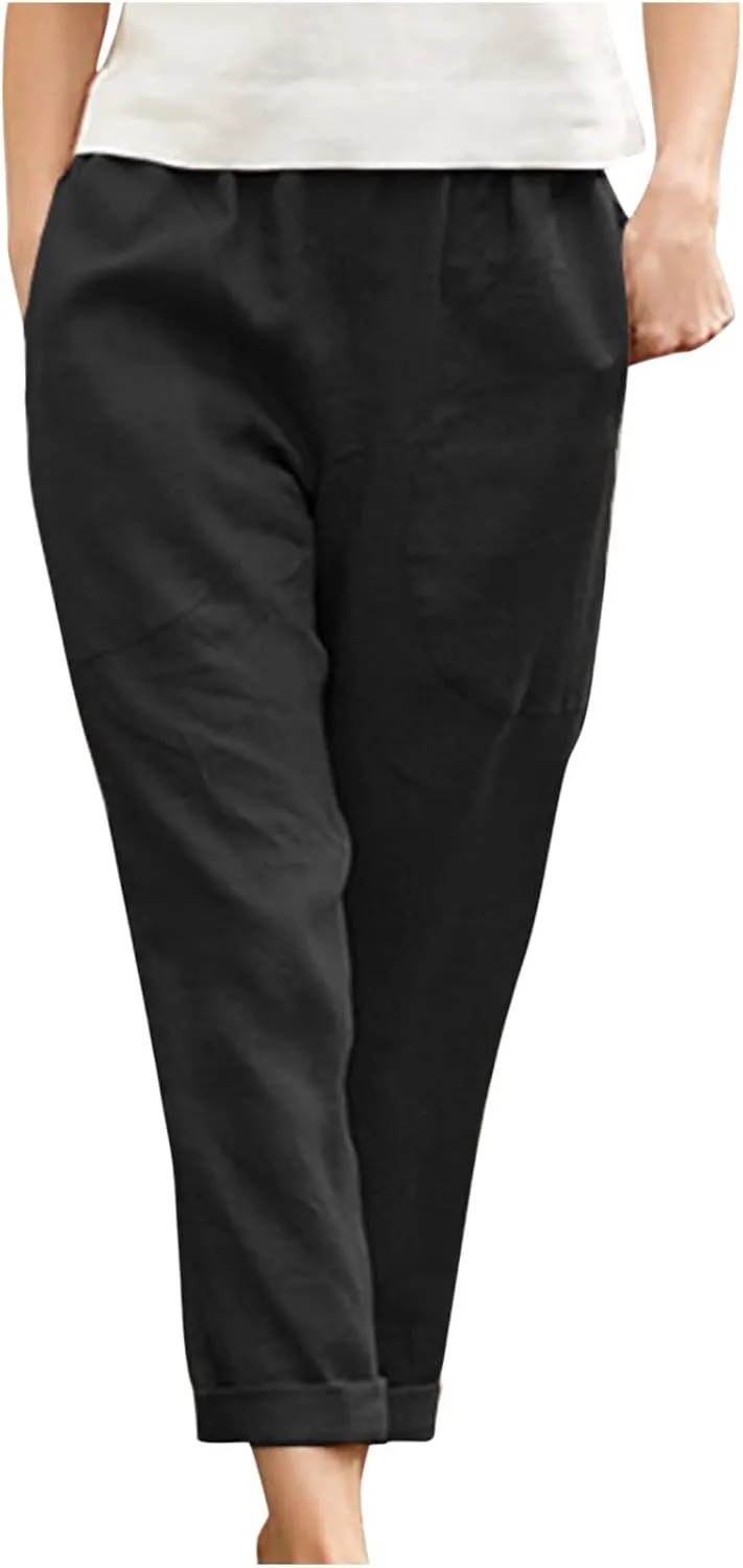 TARIENDY Womens Casual Pants Straight Leg Elastic Waist Summer Pant Plus Size Comfy Trousers Beach Outfits with Pockets
