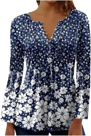 Tops for Women Dressy Casual 2024 Bohemian Floral Print Empire Waist Pleated Tunic Shirt Button Up Loose Comfy Blouse