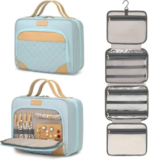 Travel Hanging Toiletry Bag for Women,Jewelry Organizer Compartment,Cosmetic Bag with Hanging Hook for Accessories, Shampoo, Full-size Container,Toiletries,Black Strip (Blue)