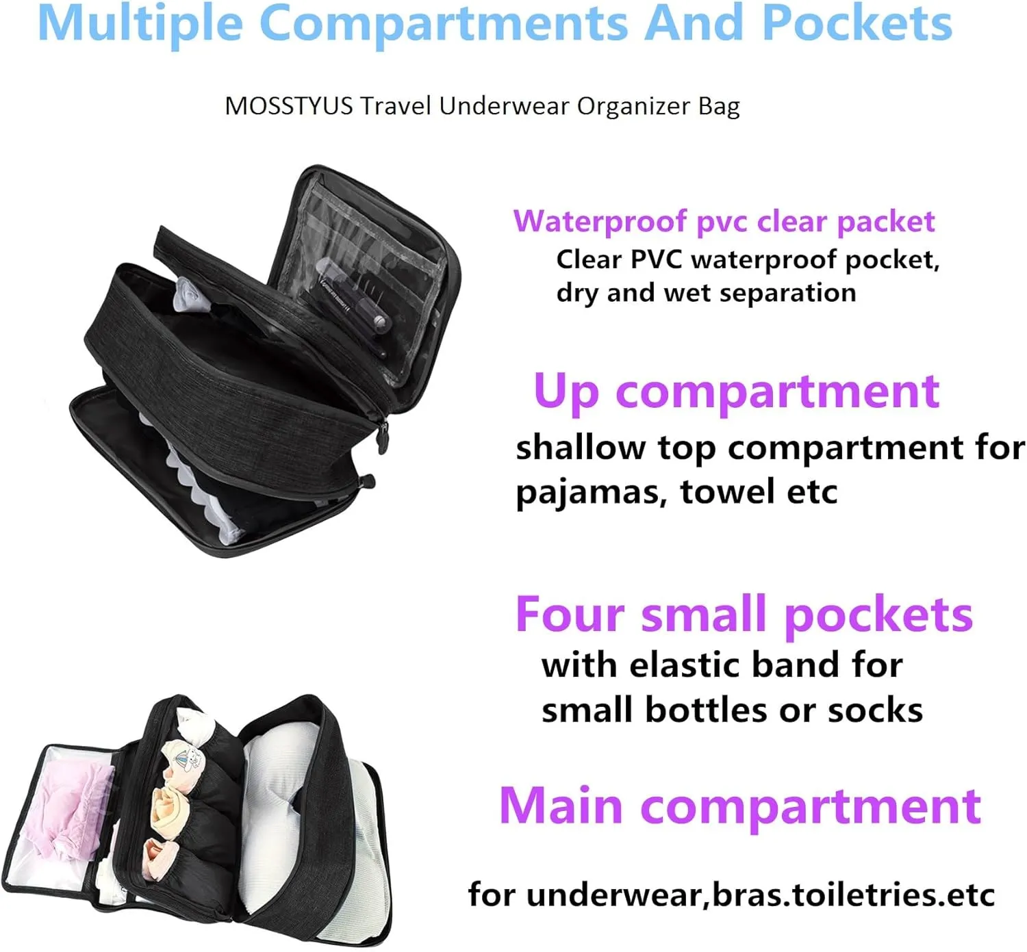 Travel Underwear Organizer Bag Portable Bra Socks Lingerie Cosmetic Storage Bag Travel Essentials Packing Cubes,Black