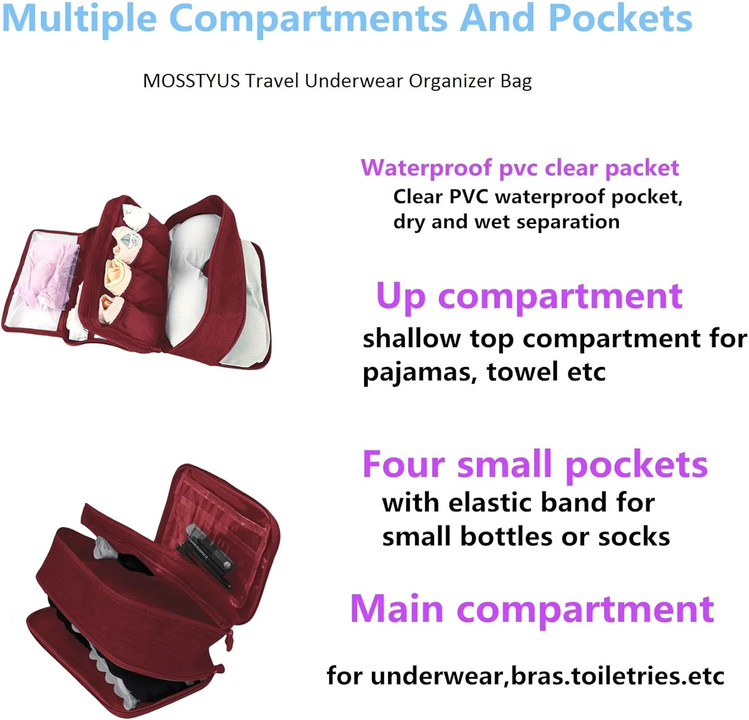 Travel Underwear Organizer Bag Portable Bra Socks Lingerie Cosmetic Storage Bag Travel Essentials Packing Cubes,Wine Red