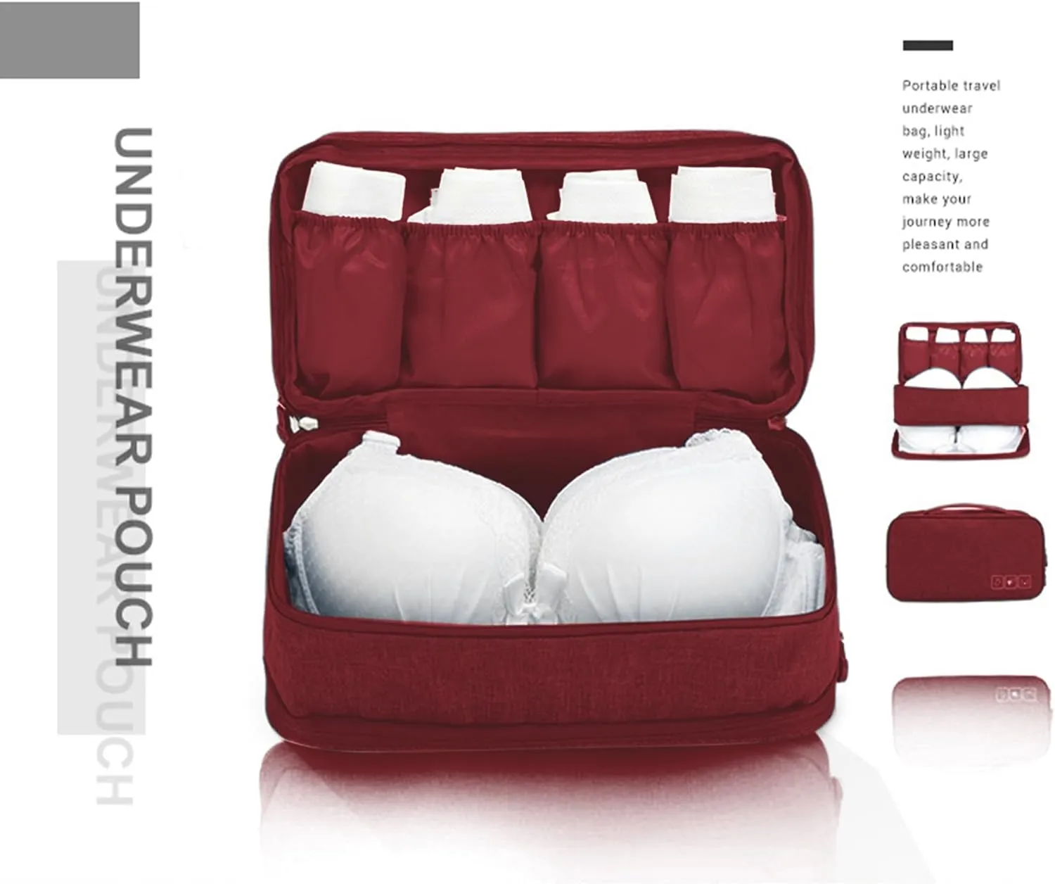 Travel Underwear Organizer Bag Portable Bra Socks Lingerie Cosmetic Storage Bag Travel Essentials Packing Cubes,Wine Red