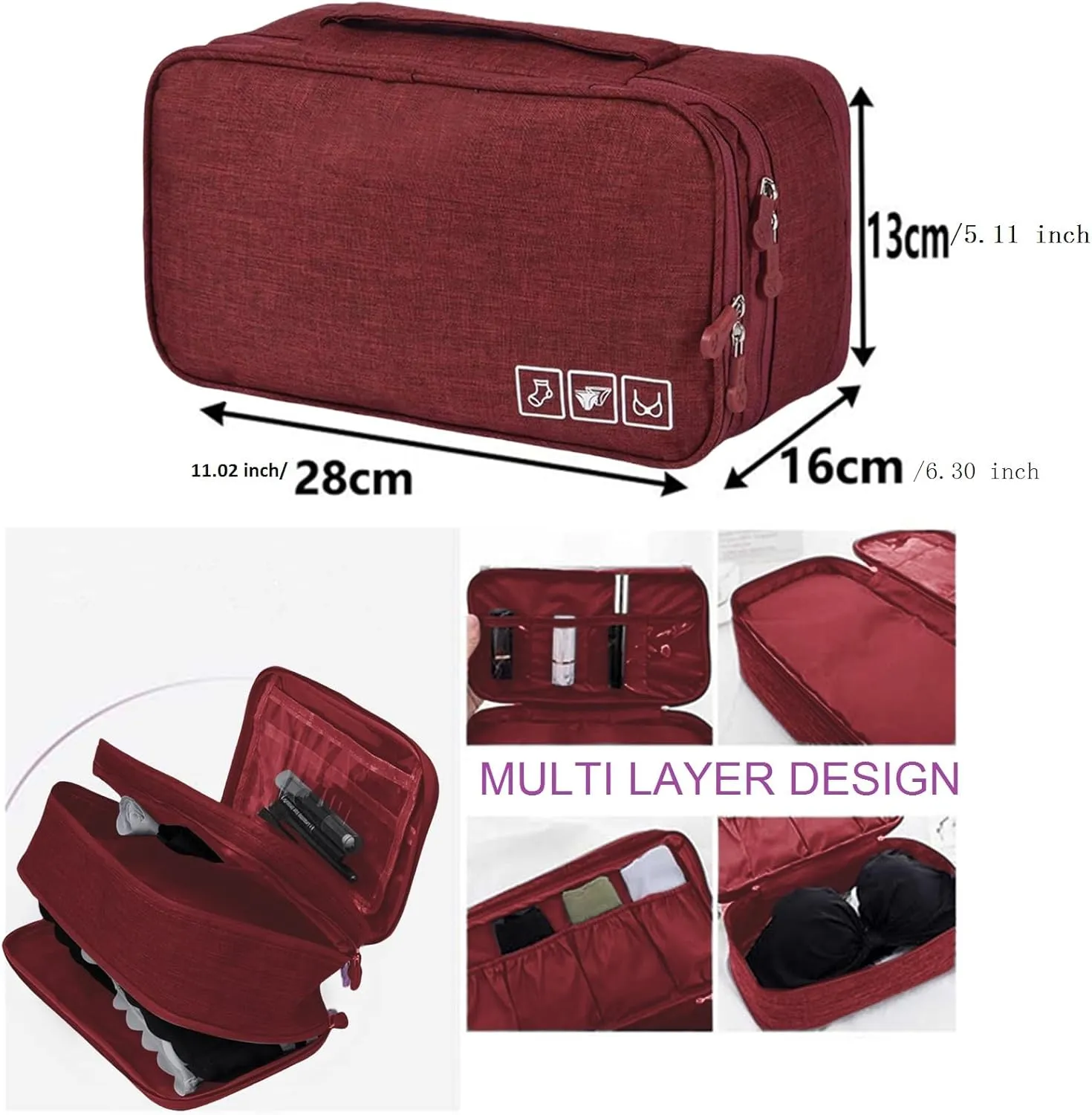 Travel Underwear Organizer Bag Portable Bra Socks Lingerie Cosmetic Storage Bag Travel Essentials Packing Cubes,Wine Red