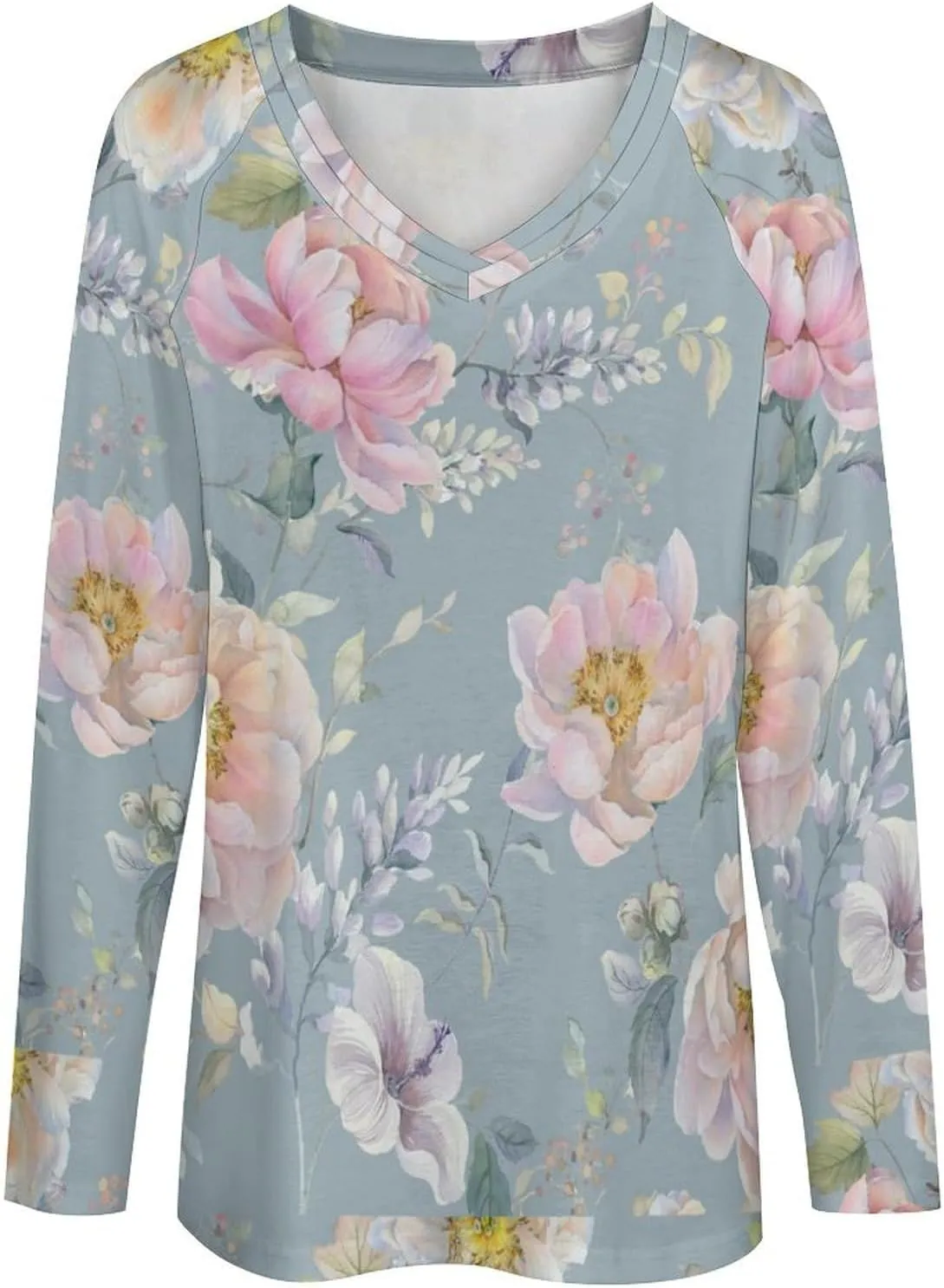 Tulip Flowers Watercolor Long Sleeve Shirts for Women V Neck T Shirts Womens Casual Tops Loose Fit