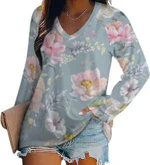 Tulip Flowers Watercolor Long Sleeve Shirts for Women V Neck T Shirts Womens Casual Tops Loose Fit