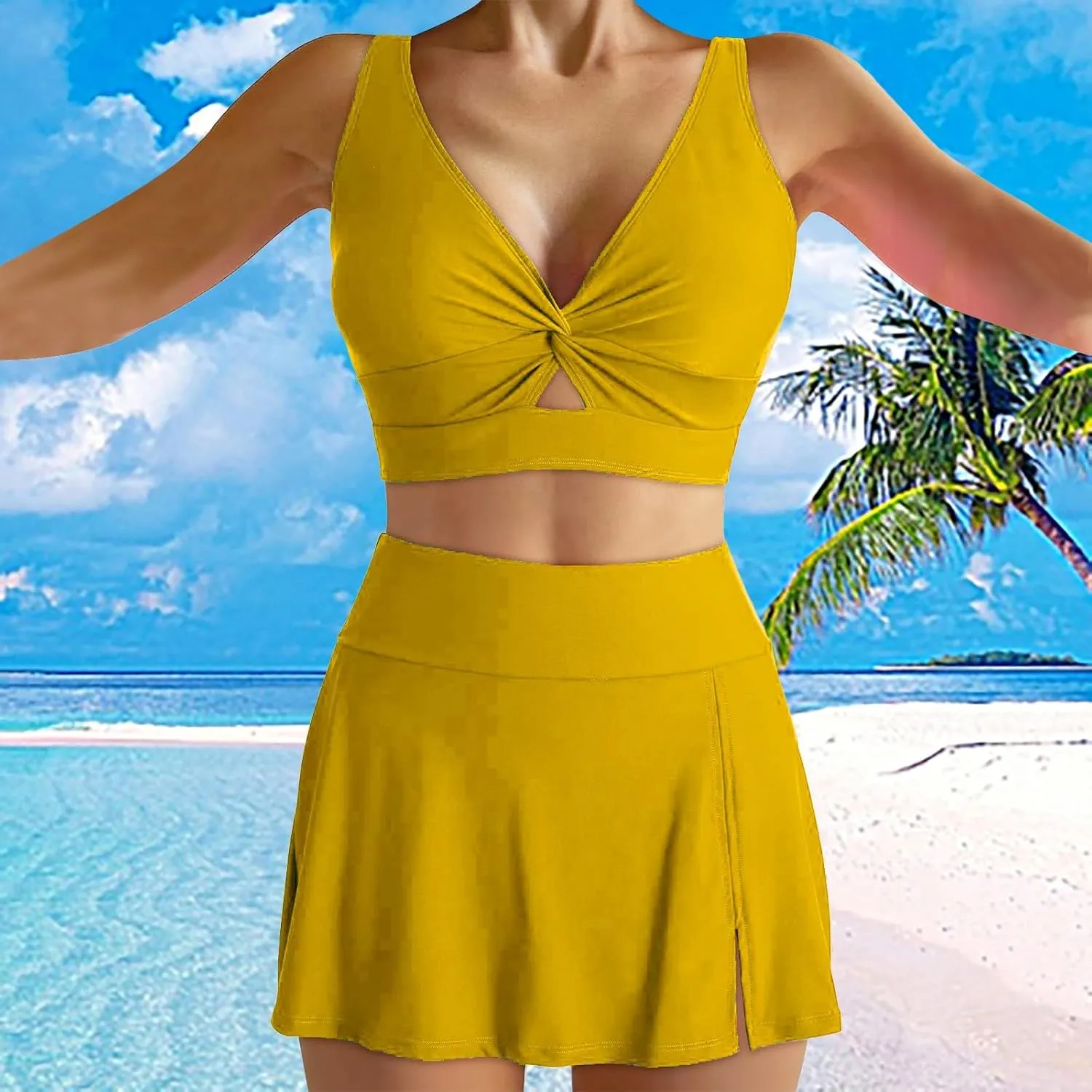 Two Piece Bikini Skirt Swimsuit Beach 2 Piece Bathing Suits for Women Twist Bikini Bras High Waisted Skirts Swimwear