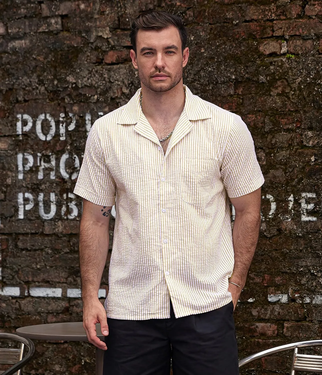VATPAVE Mens Striped Summer Shirt Casual Button Down Short Sleeve Beach Shirts Cotton Linen Shirts for Men