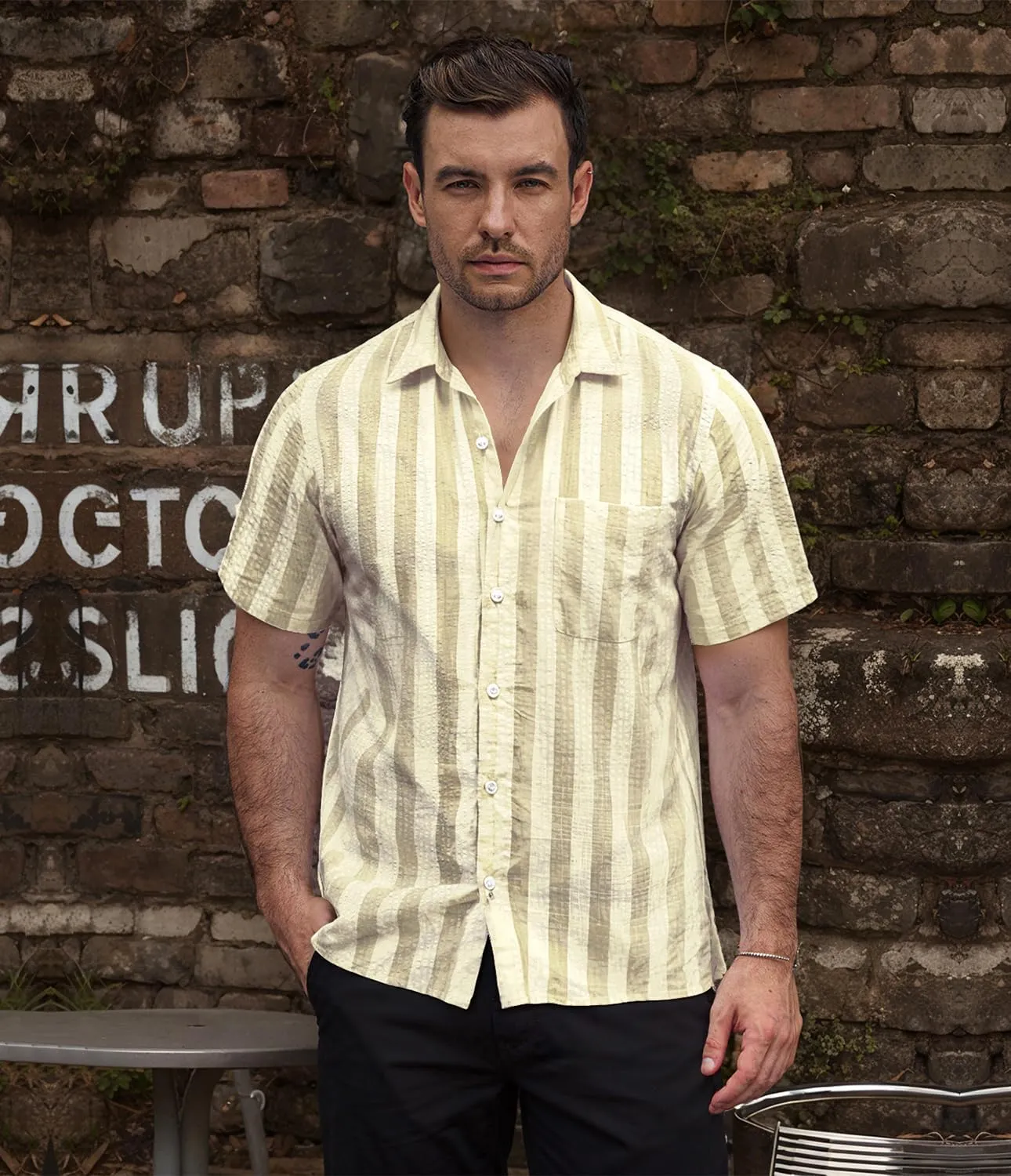 VATPAVE Mens Striped Summer Shirt Casual Button Down Short Sleeve Beach Shirts Cotton Linen Shirts for Men