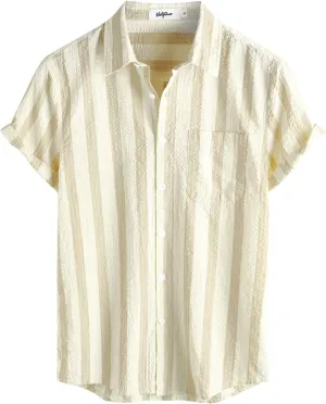 VATPAVE Mens Striped Summer Shirt Casual Button Down Short Sleeve Beach Shirts Cotton Linen Shirts for Men