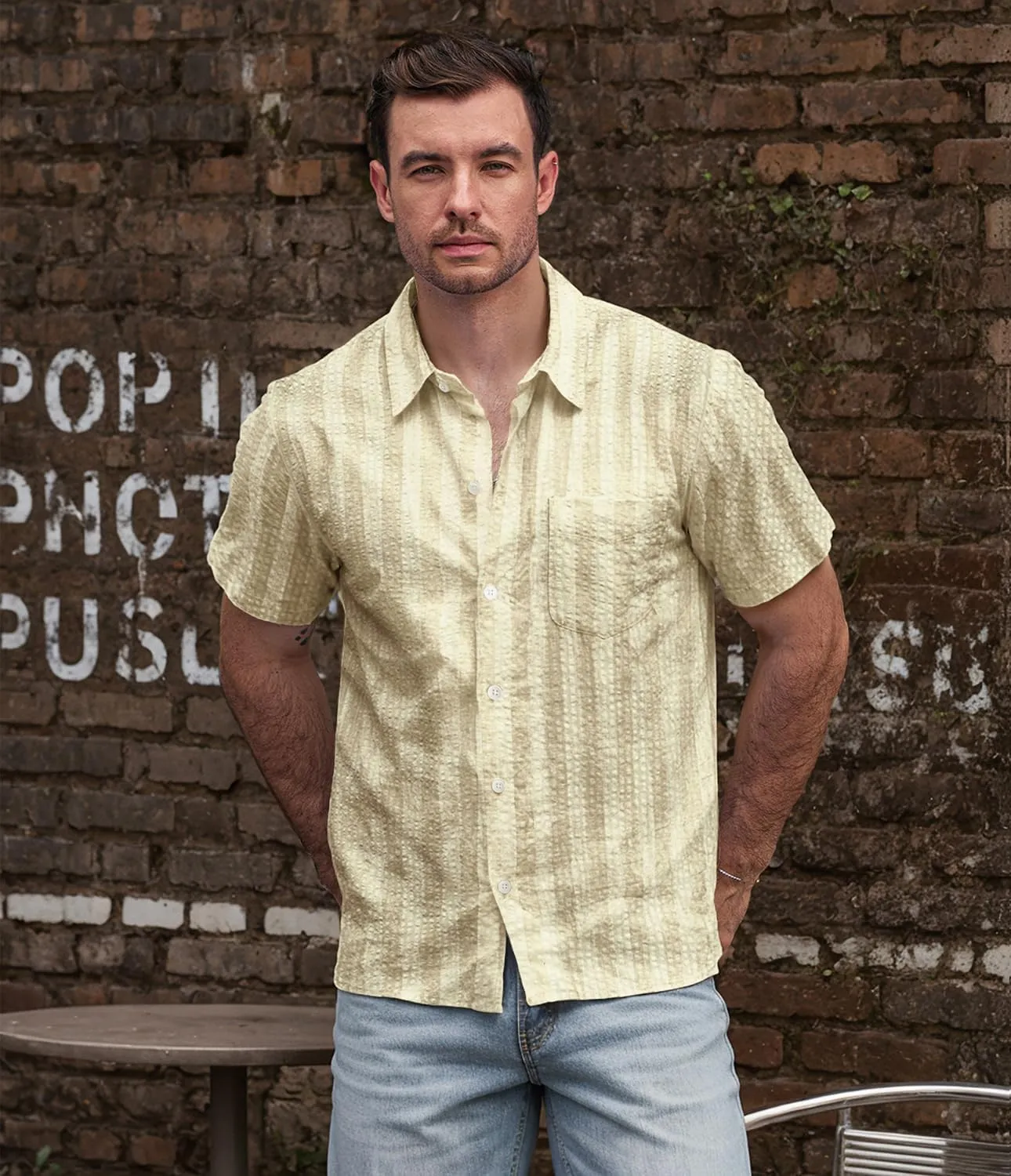 VATPAVE Mens Striped Summer Shirt Casual Button Down Short Sleeve Beach Shirts Cotton Linen Shirts for Men
