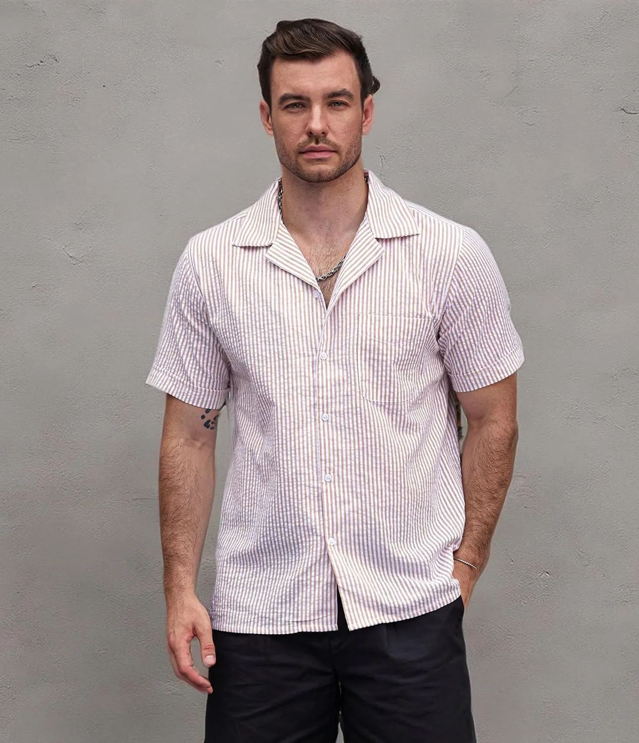 VATPAVE Mens Striped Summer Shirt Casual Button Down Short Sleeve Beach Shirts Cotton Linen Shirts for Men
