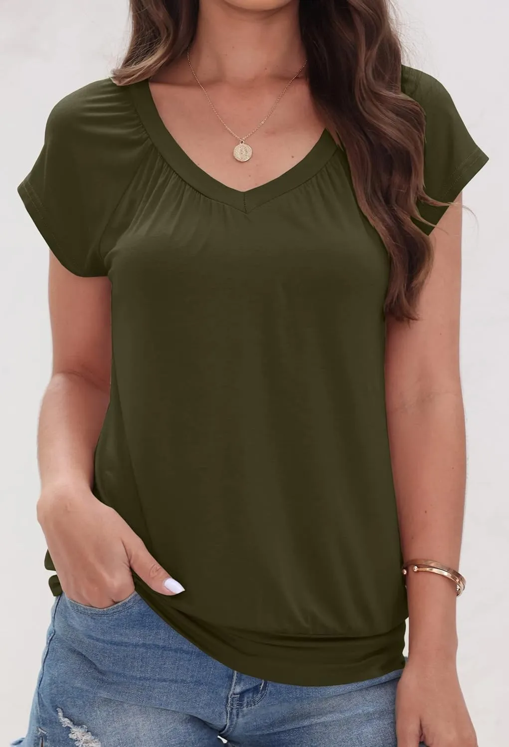 Veatzaer Women V Neck T Shirts Cap Sleeve Summer Casual Shirts Banded-Bottom Loose Fit Basic Tops