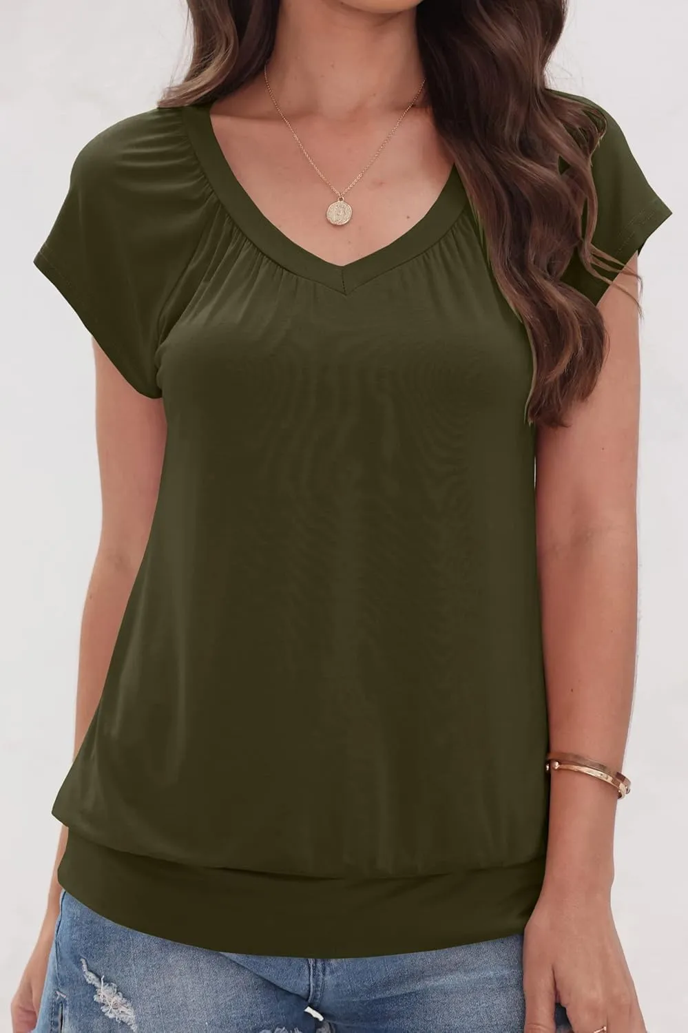 Veatzaer Women V Neck T Shirts Cap Sleeve Summer Casual Shirts Banded-Bottom Loose Fit Basic Tops