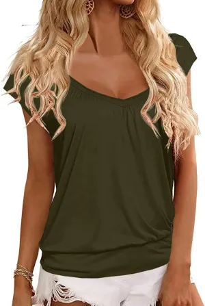 Veatzaer Women V Neck T Shirts Cap Sleeve Summer Casual Shirts Banded-Bottom Loose Fit Basic Tops