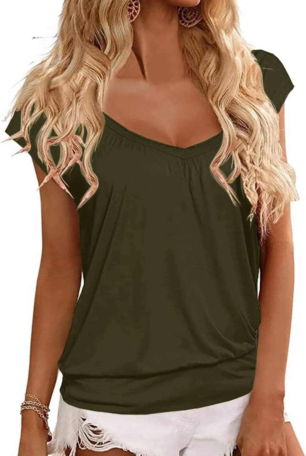 Veatzaer Women V Neck T Shirts Cap Sleeve Summer Casual Shirts Banded-Bottom Loose Fit Basic Tops