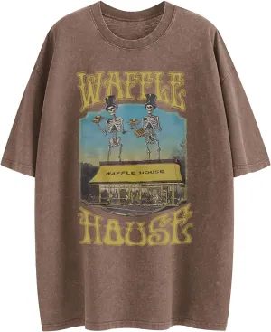 Waffle House Shirt Vintage Acid Wash Tshirt for Men Oversized Hip Hop Shirts Funny Skeleton Graphic Tees Tops Unisex