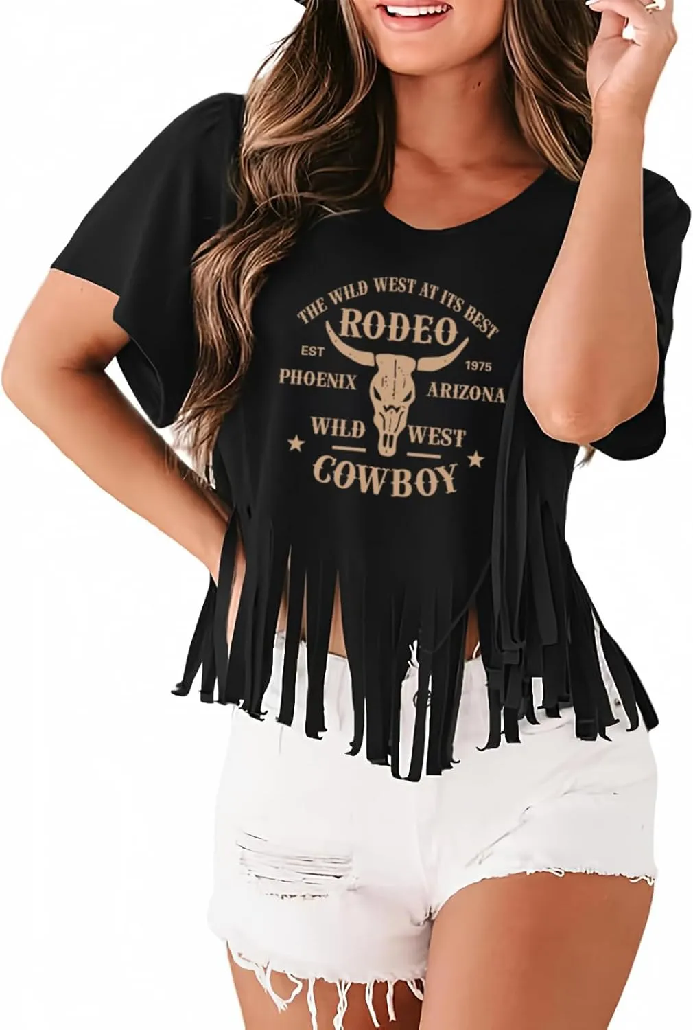 Western Rodeo Fringe Shirts for Women Cowgirl Cowboy Tshirt Cow Skull Vintage Country Music Graphic Tees Tassel Tops