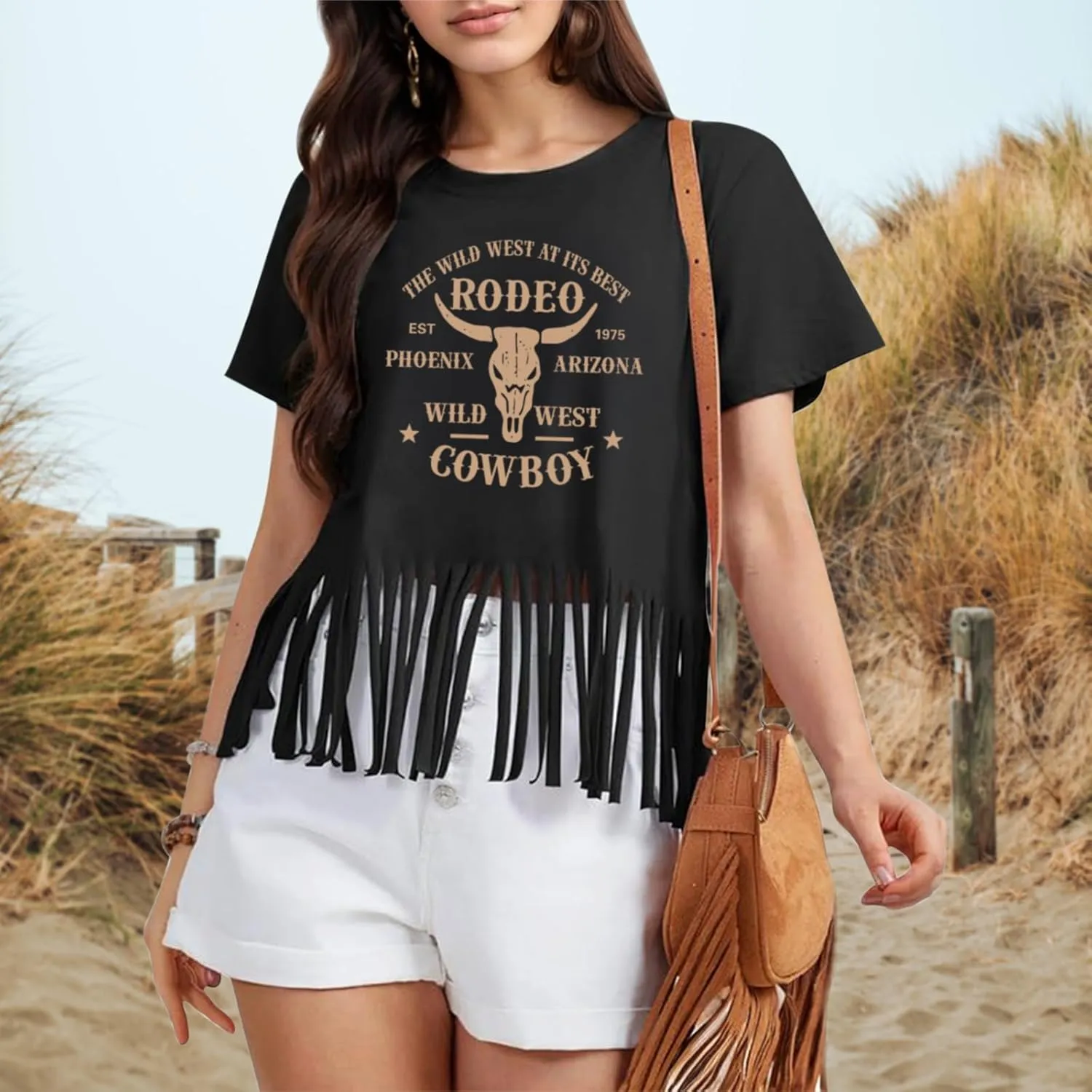 Western Rodeo Fringe Shirts for Women Cowgirl Cowboy Tshirt Cow Skull Vintage Country Music Graphic Tees Tassel Tops