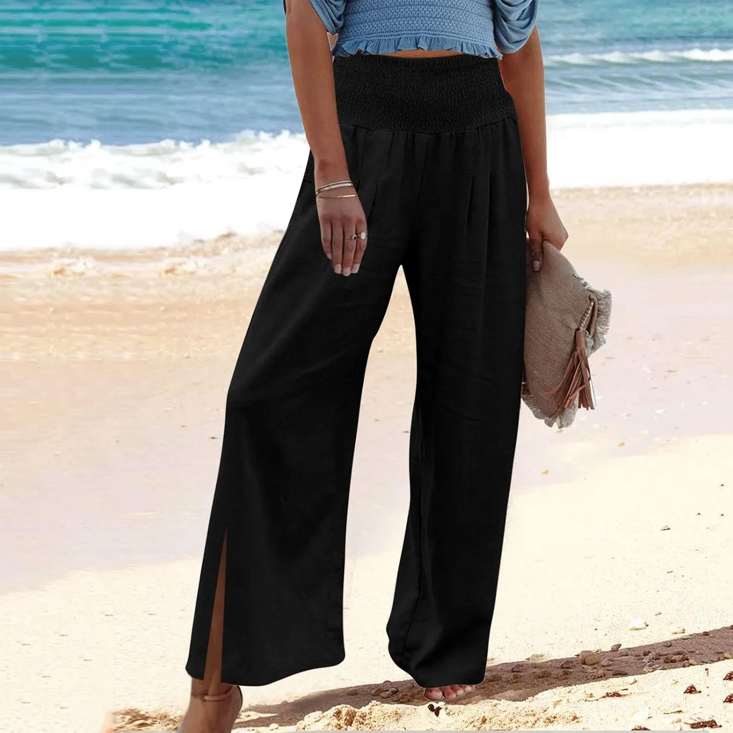Wide Leg Pants for Women Winter Flared Vacation Capris with Pockets Solid Color Wide Leg