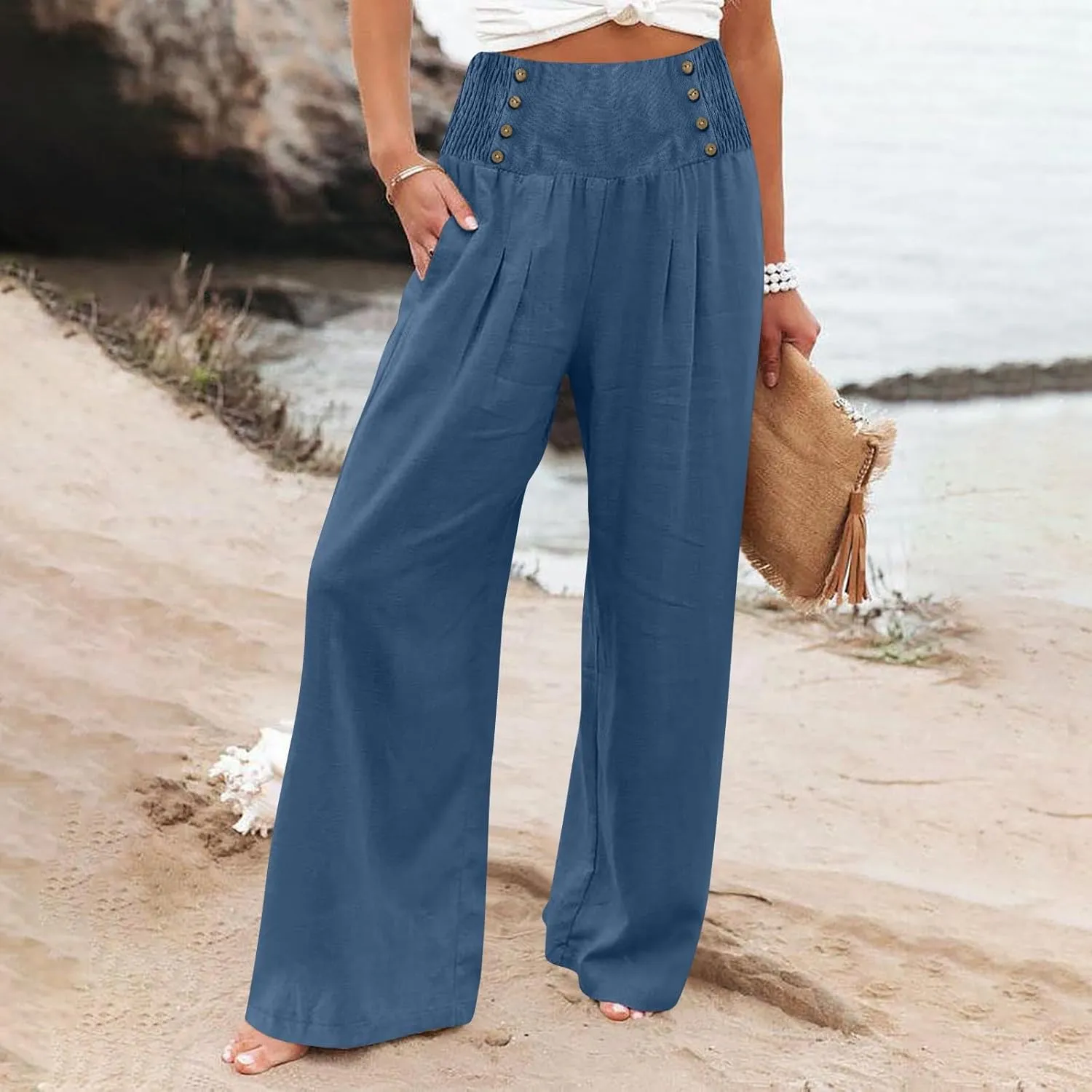 Wide Leg Pants for Women Winter Flared Vacation Capris with Pockets Solid Color Wide Leg