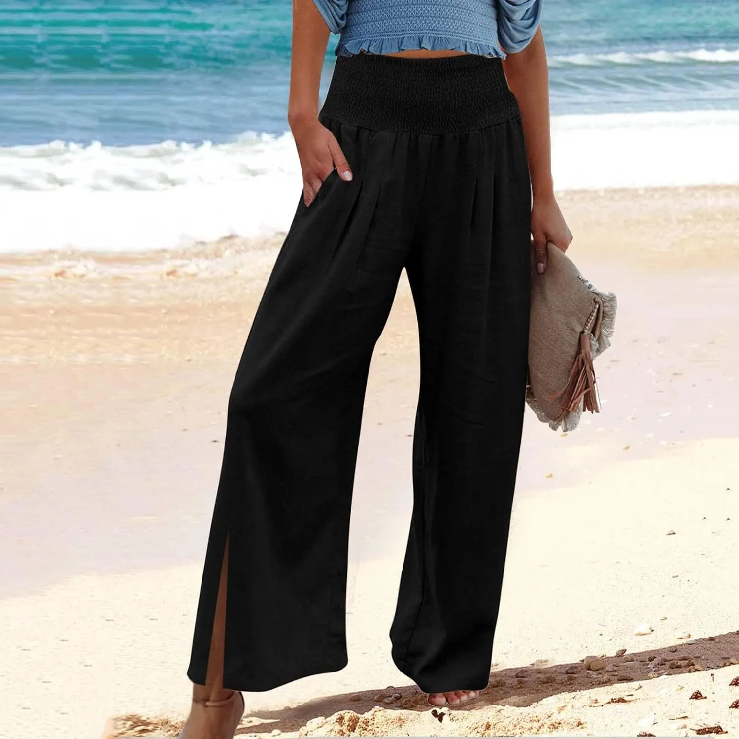 Wide Leg Pants for Women Winter Flared Vacation Capris with Pockets Solid Color Wide Leg