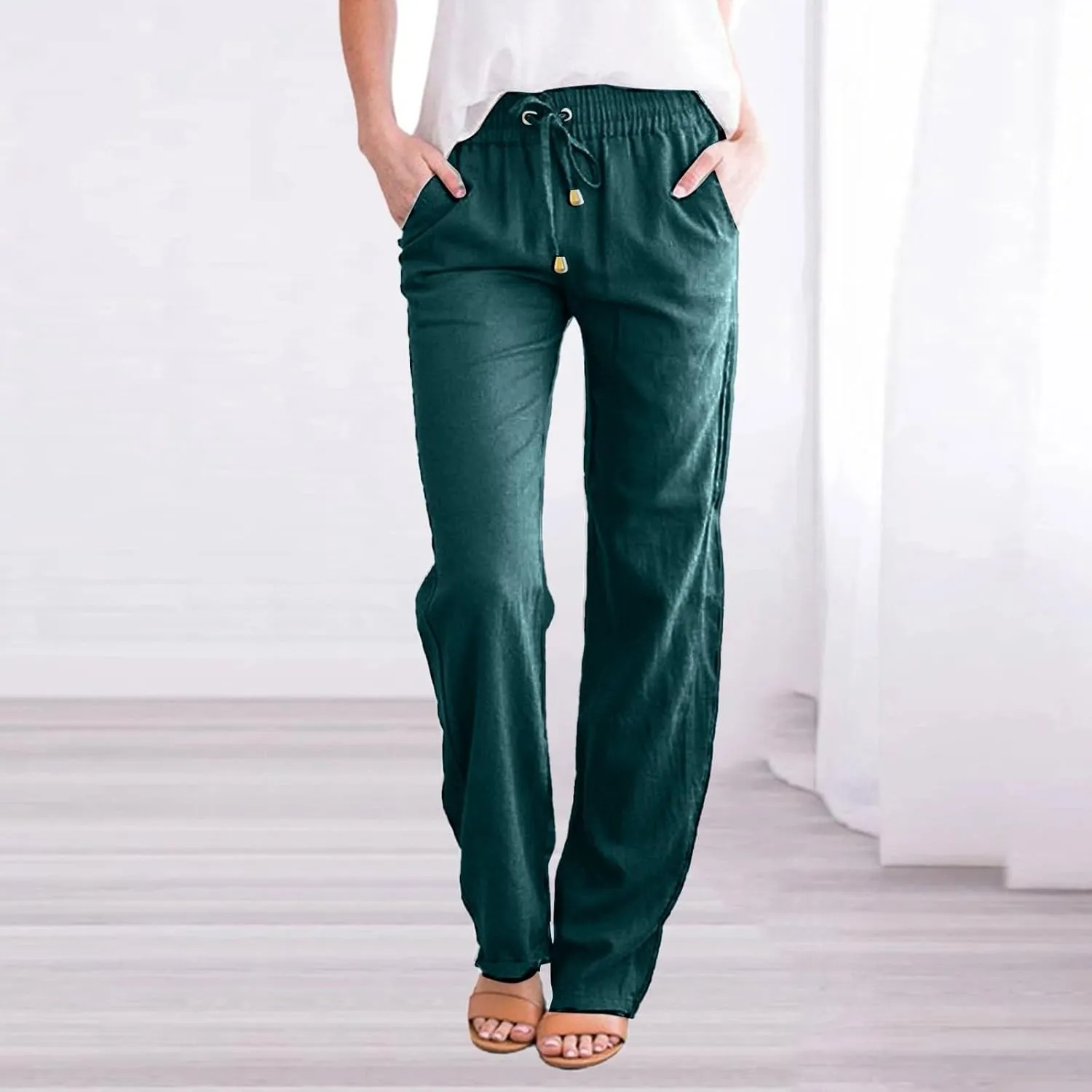 Wide Leg Pants for Women Winter Flared Vacation Capris with Pockets Solid Color Wide Leg