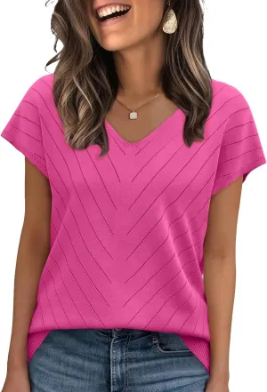 WIHOLL Short Sleeve Sweater for Women V Neck Trendy Summer Tops 2025 Beach Vacation Clothes Travel Business Casual Outfits
