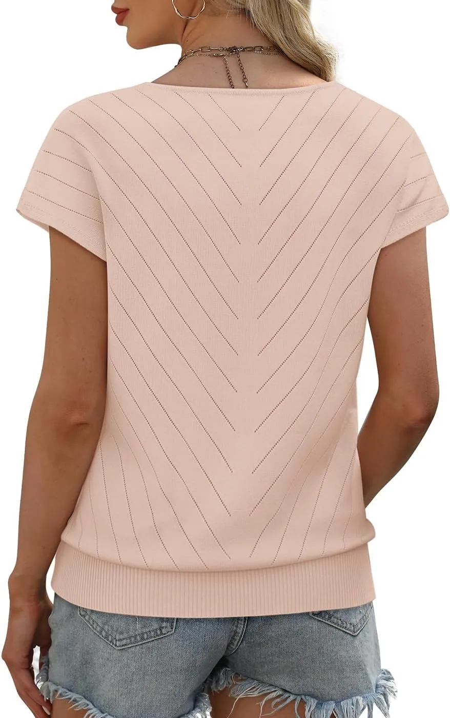 WIHOLL Short Sleeve Sweater for Women V Neck Trendy Summer Tops 2025 Beach Vacation Clothes Travel Business Casual Outfits