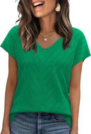 WIHOLL Short Sleeve Sweater for Women V Neck Trendy Summer Tops 2025 Beach Vacation Clothes Travel Business Casual Outfits