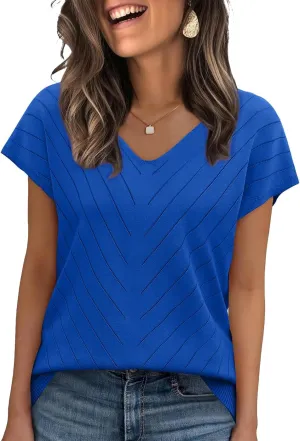 WIHOLL Short Sleeve Sweater for Women V Neck Trendy Summer Tops 2025 Beach Vacation Clothes Travel Business Casual Outfits
