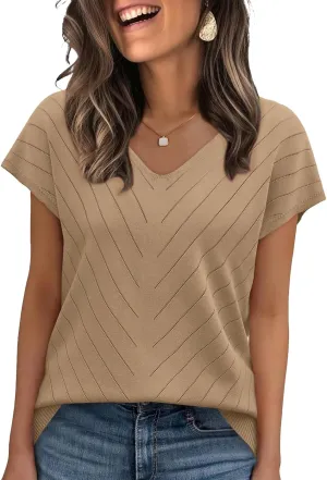 WIHOLL Short Sleeve Sweater for Women V Neck Trendy Summer Tops 2025 Beach Vacation Clothes Travel Business Casual Outfits
