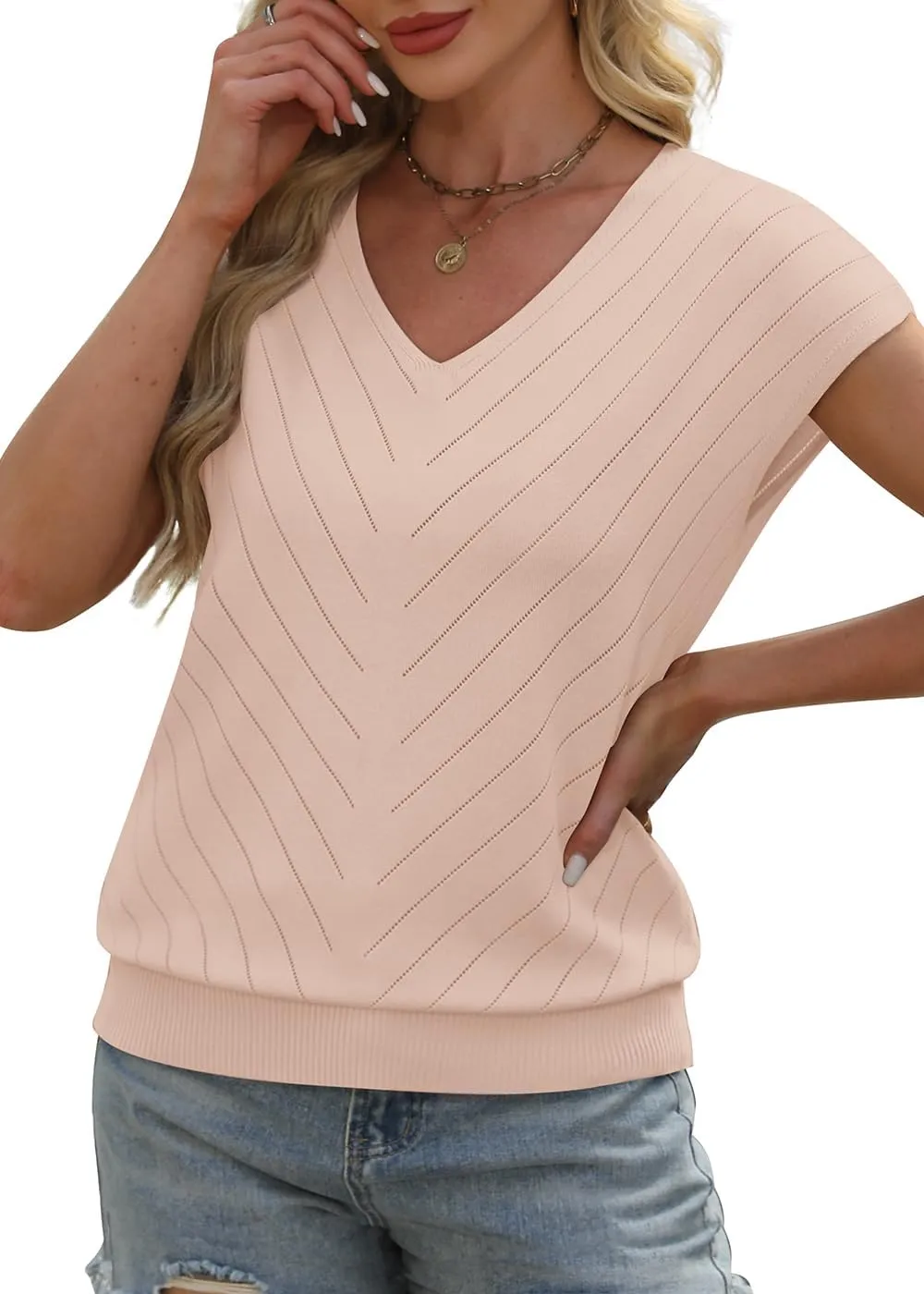 WIHOLL Short Sleeve Sweater for Women V Neck Trendy Summer Tops 2025 Beach Vacation Clothes Travel Business Casual Outfits