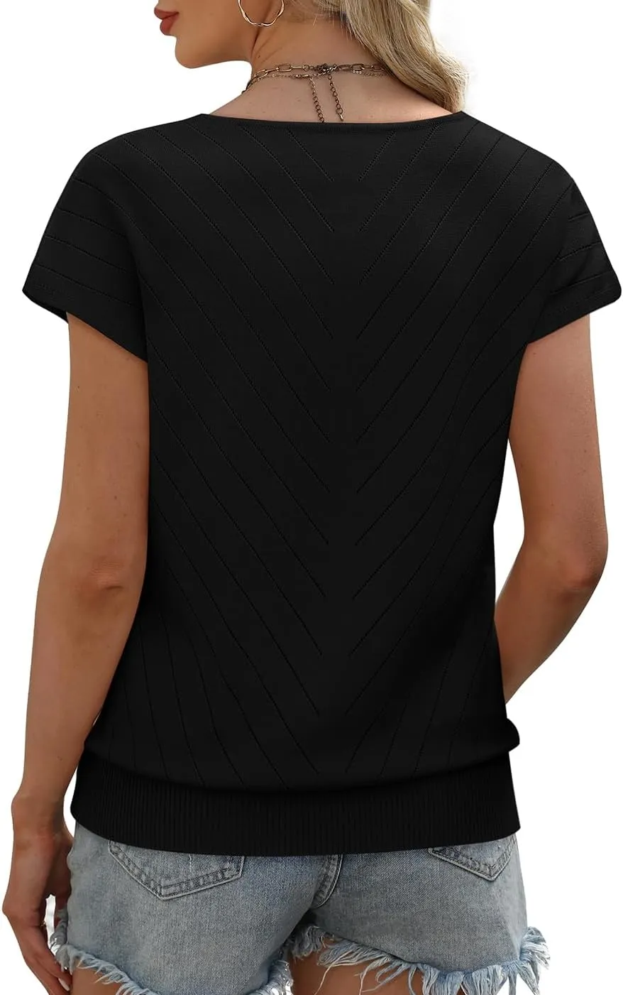 WIHOLL Short Sleeve Sweater for Women V Neck Trendy Summer Tops 2025 Beach Vacation Clothes Travel Business Casual Outfits