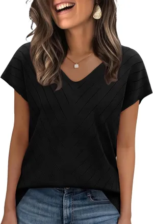 WIHOLL Short Sleeve Sweater for Women V Neck Trendy Summer Tops 2025 Beach Vacation Clothes Travel Business Casual Outfits