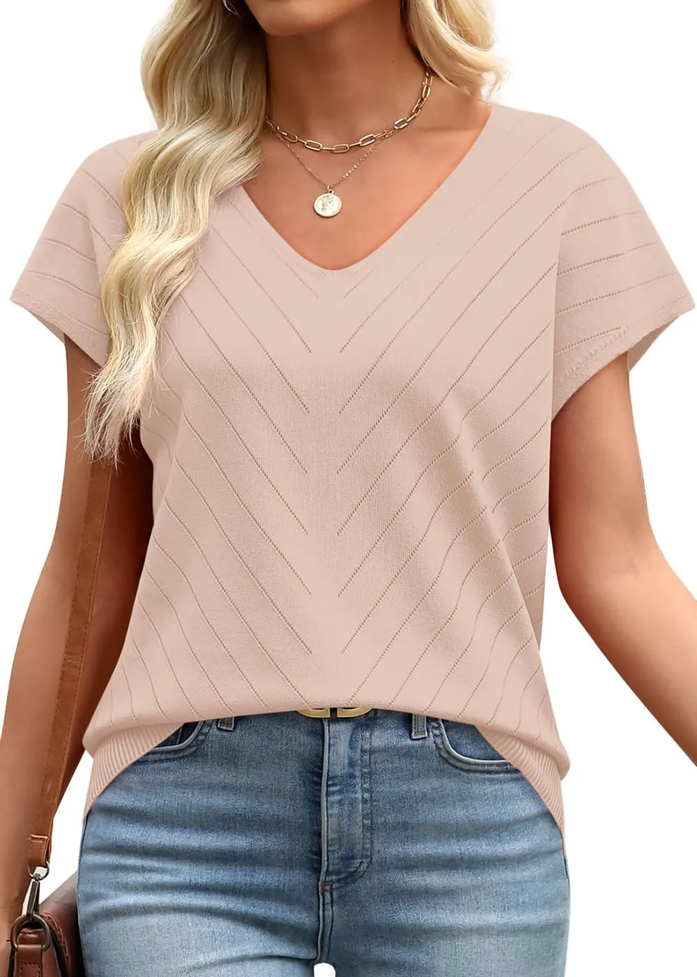 WIHOLL Short Sleeve Sweater for Women V Neck Trendy Summer Tops 2025 Beach Vacation Clothes Travel Business Casual Outfits