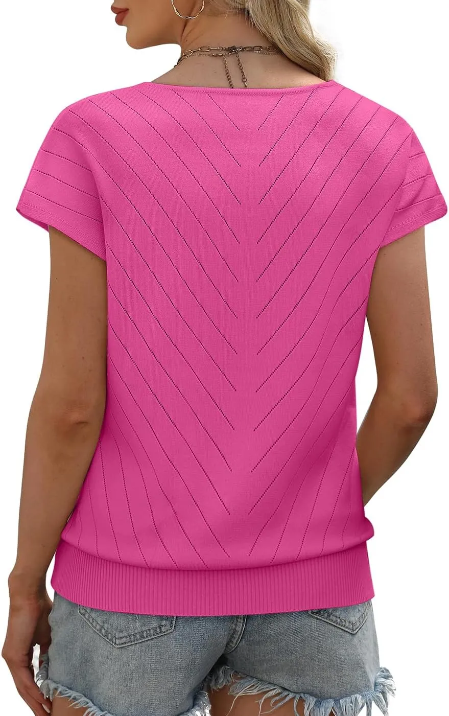 WIHOLL Short Sleeve Sweater for Women V Neck Trendy Summer Tops 2025 Beach Vacation Clothes Travel Business Casual Outfits