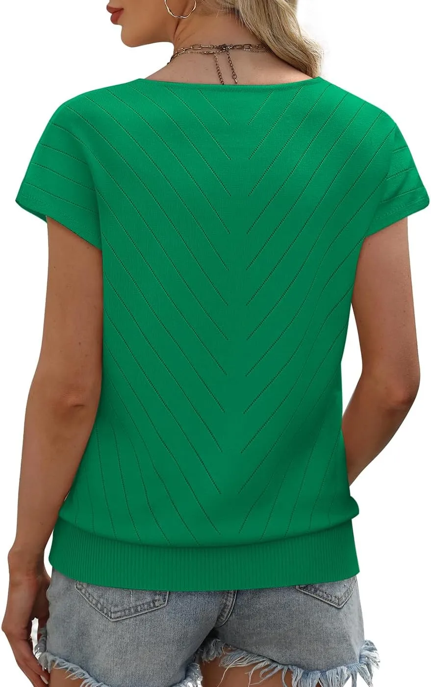 WIHOLL Short Sleeve Sweater for Women V Neck Trendy Summer Tops 2025 Beach Vacation Clothes Travel Business Casual Outfits