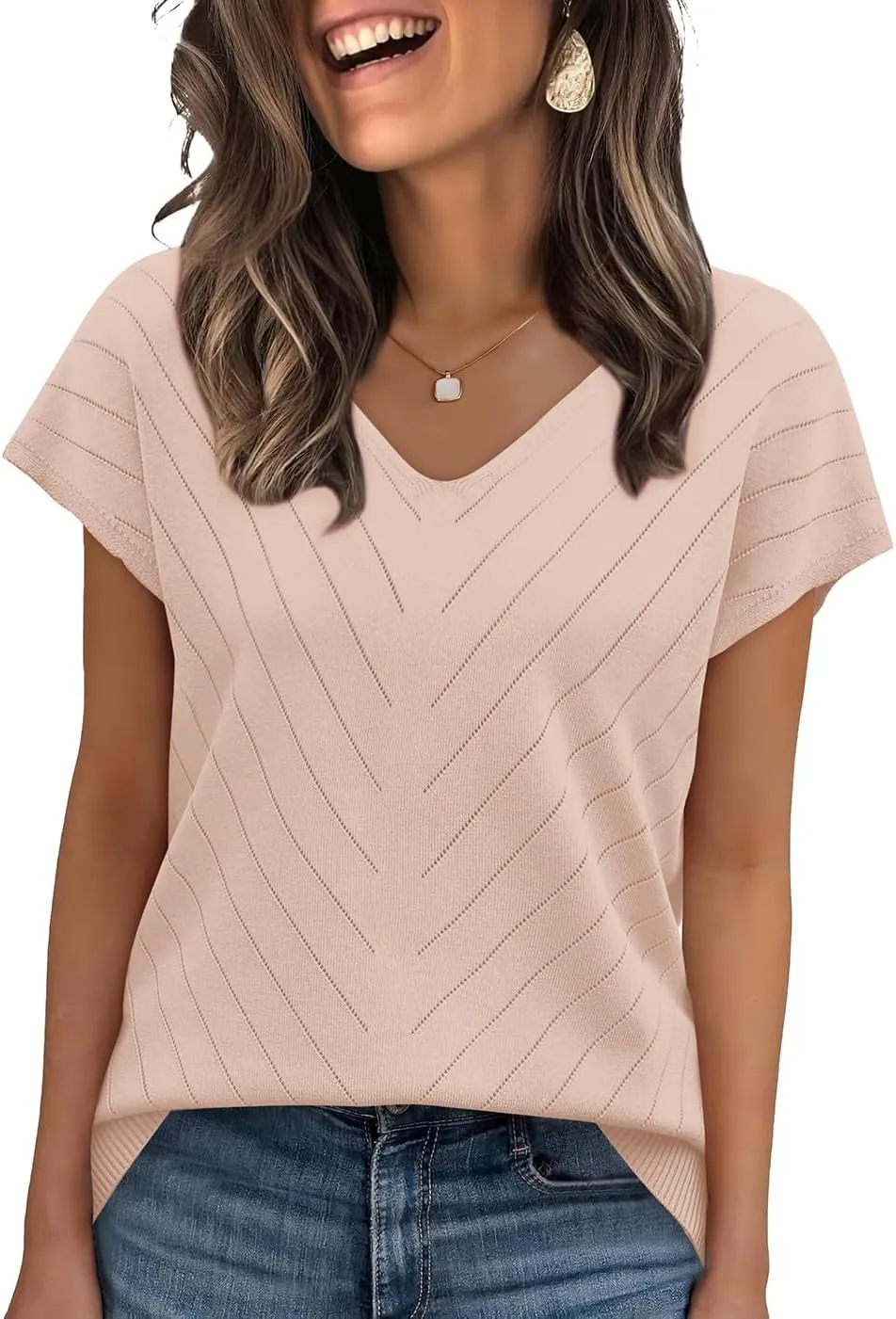 WIHOLL Short Sleeve Sweater for Women V Neck Trendy Summer Tops 2025 Beach Vacation Clothes Travel Business Casual Outfits