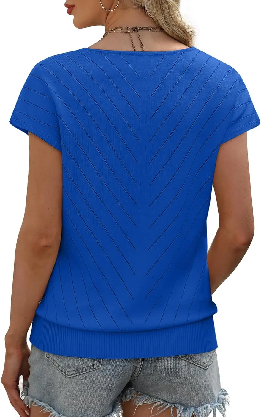 WIHOLL Short Sleeve Sweater for Women V Neck Trendy Summer Tops 2025 Beach Vacation Clothes Travel Business Casual Outfits