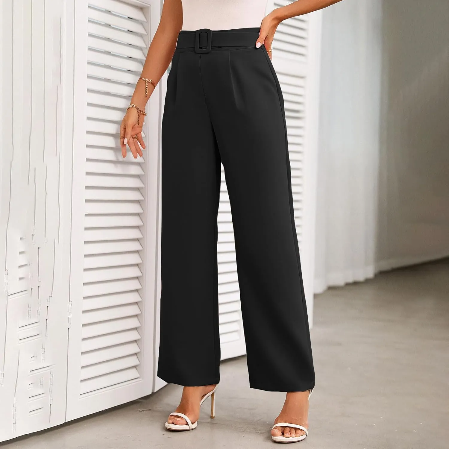 Women Casual Pleated Straight Suit Pants High Waist Loose Fit Dress Pants Solid Color Wide Leg Trousers with Belt