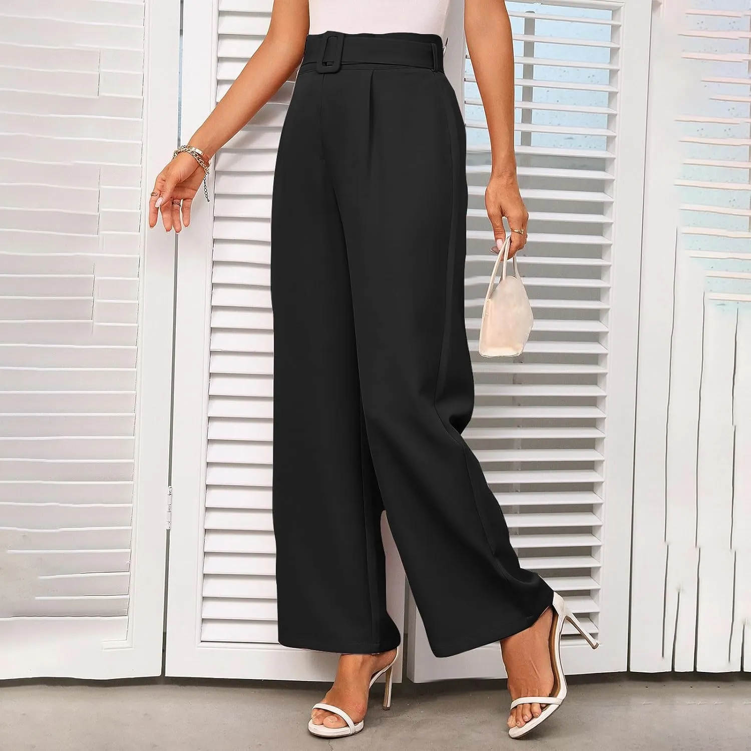 Women Casual Pleated Straight Suit Pants High Waist Loose Fit Dress Pants Solid Color Wide Leg Trousers with Belt